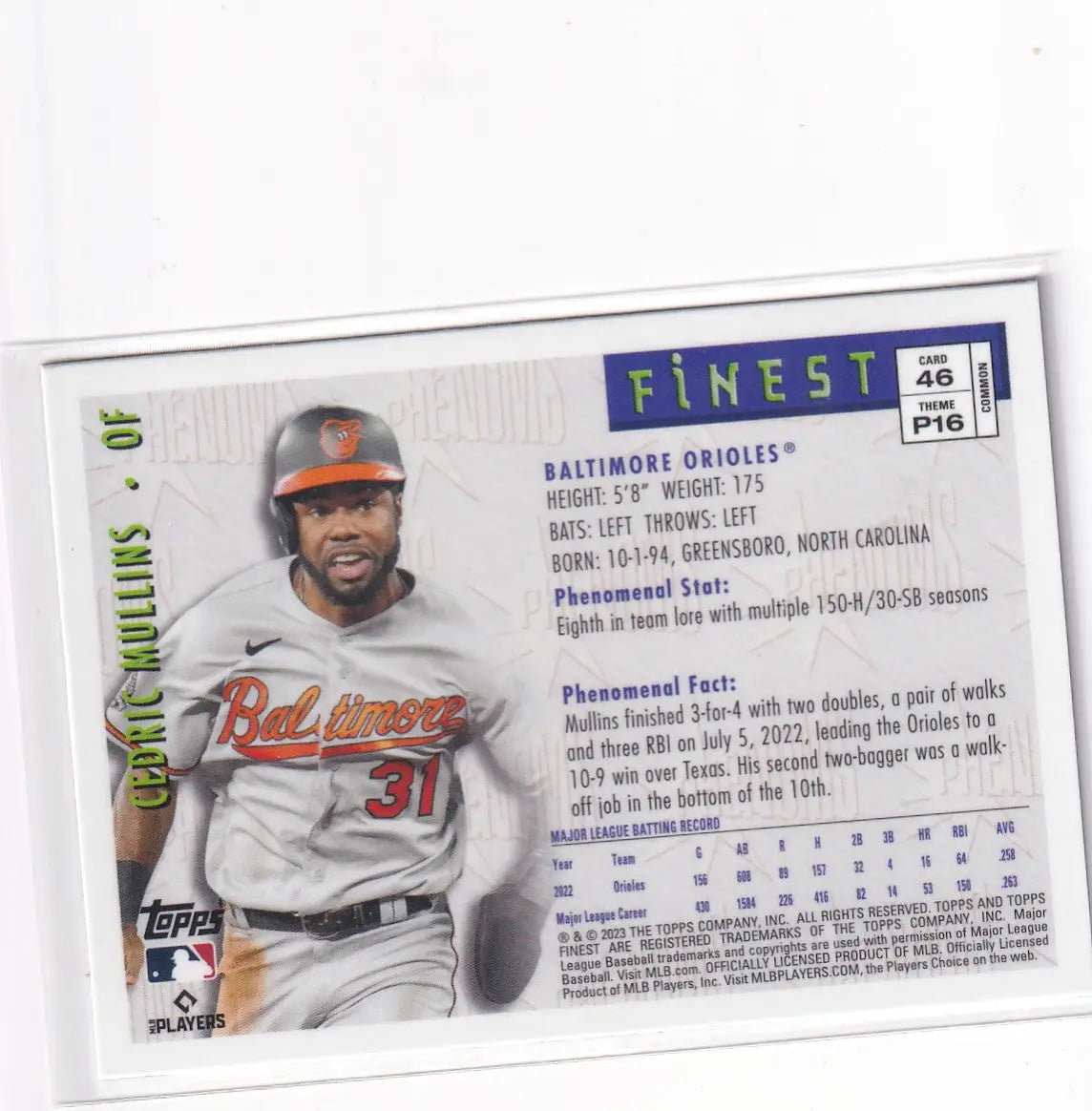 2023 TOPPS FINEST #46 CEDRIC MULLINS STERLING- BALTIMORE ORIOLES - Baseball Card Single