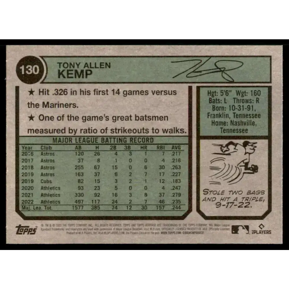 2023 Topps Heritage #130 Tony Kemp NM-MT Oakland Athletics Baseball Card - Baseball Card Single