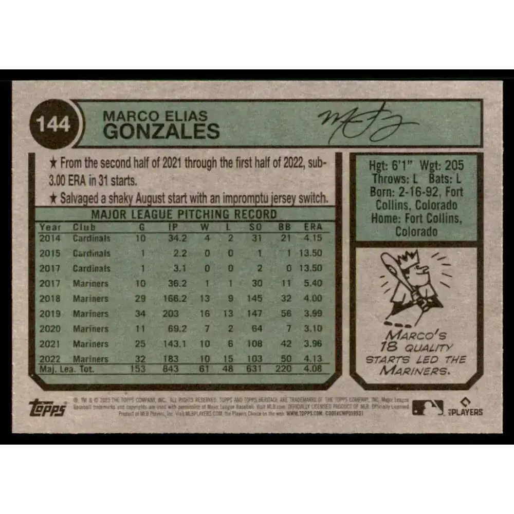 2023 Topps Heritage #144 Marco Gonzales NM-MT Seattle Mariners Baseball Card - Baseball Card Single