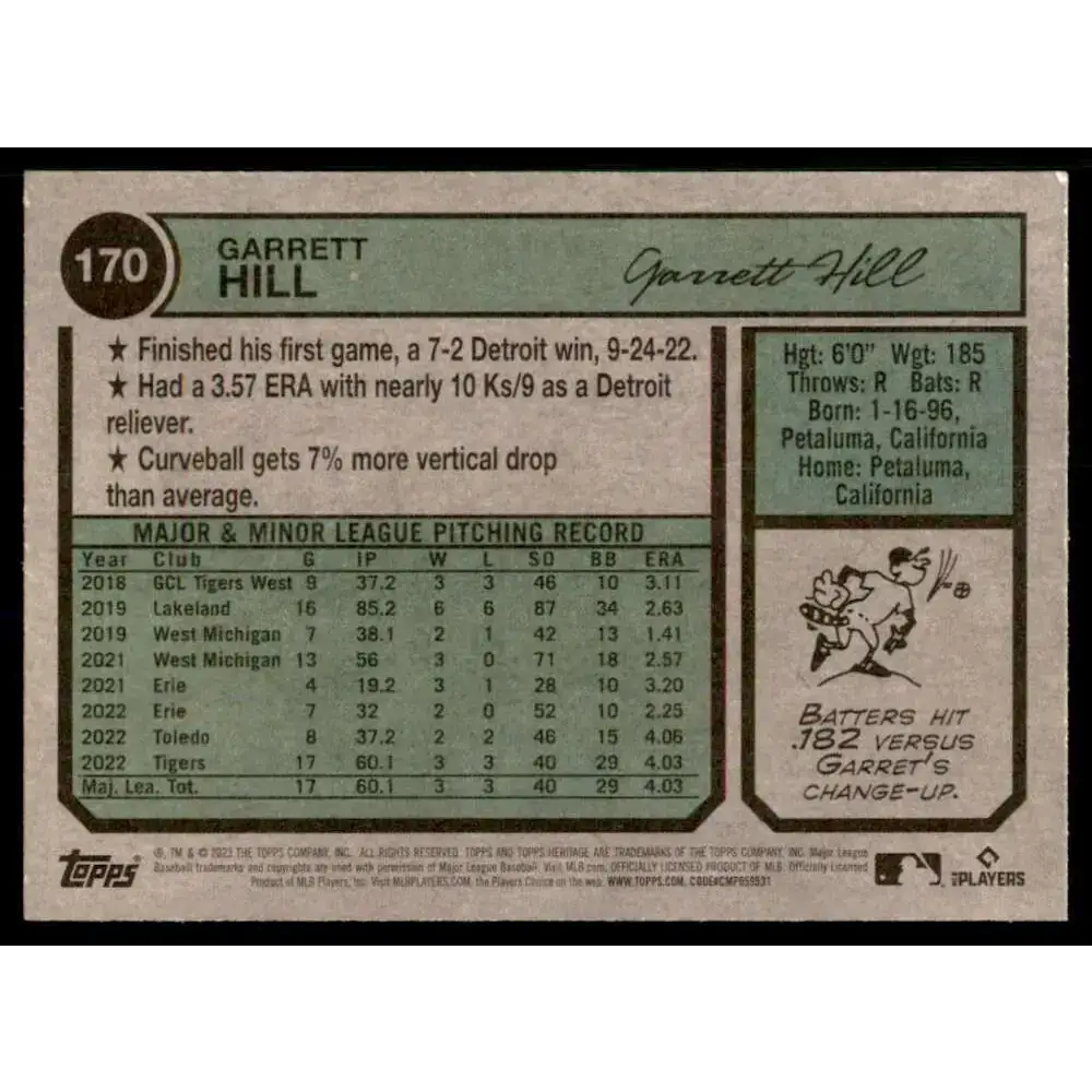 2023 Topps Heritage #170 Garrett Hill NM-MT RC Rookie Detroit Tigers Baseball Card - Baseball Card