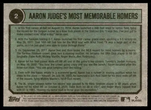2023 Topps Heritage #2 Aaron Judge NM Near Mint Yankees Tribute ID:75699 - Trading Cards