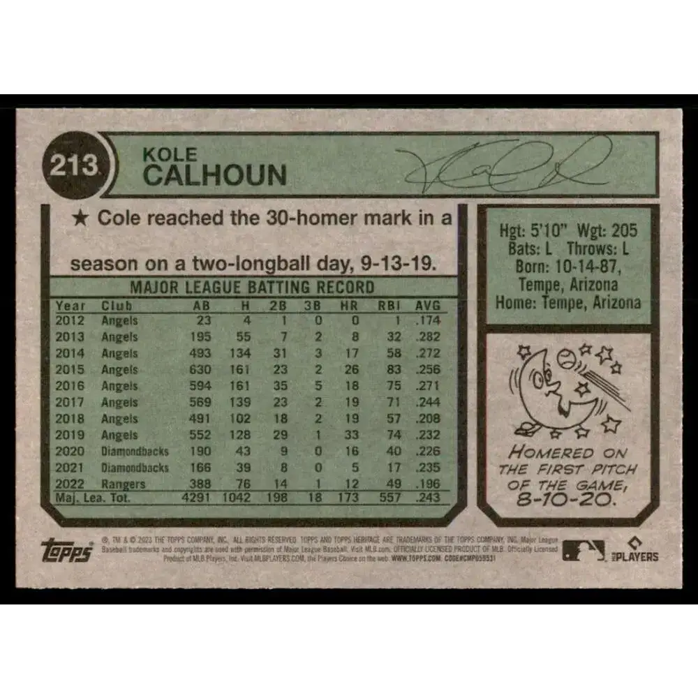2023 Topps Heritage #213 Kole Calhoun NM-MT Texas Rangers Baseball Card - Baseball Card Single