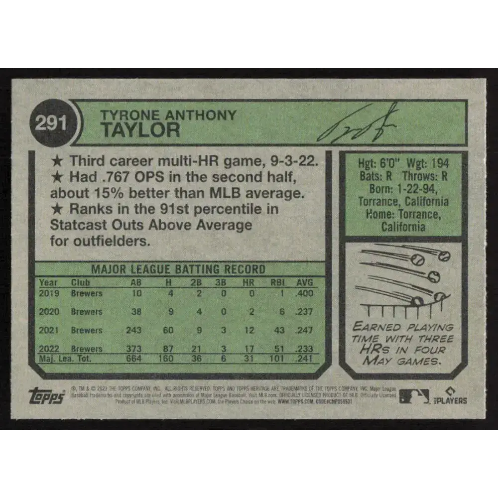 2023 Topps Heritage #291 Tyrone Taylor NM-MT Milwaukee Brewers Baseball Card