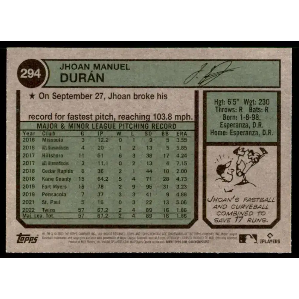 2023 Topps Heritage #294 Jhoan Duran NM-MT Minnesota Twins Baseball Card - Baseball Card