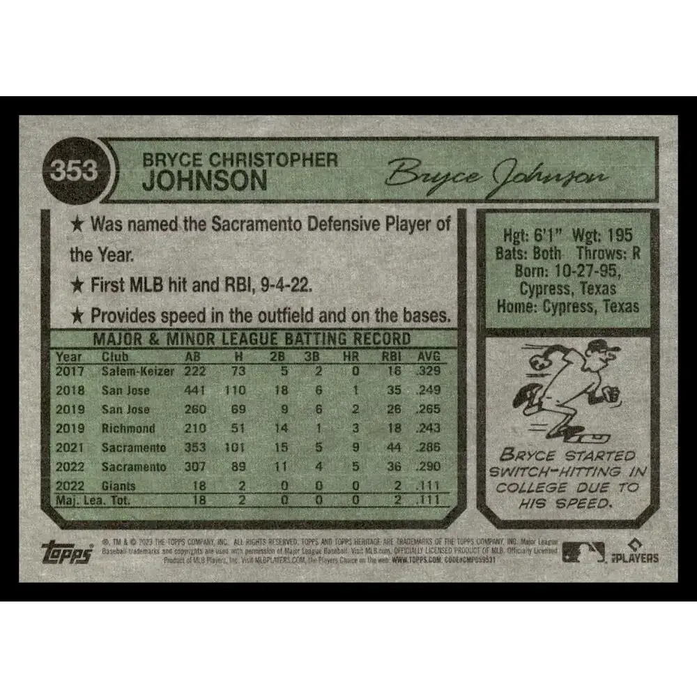 2023 Topps Heritage #353 Bryce Johnson NM-MT RC Rookie San Francisco Giants Baseball Card - Baseball Card