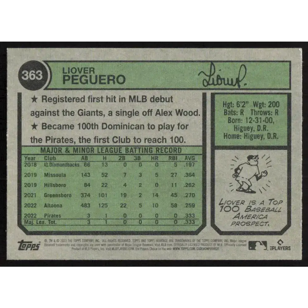 2023 Topps Heritage #363 Liover Peguero NM-MT RC Rookie Pittsburgh Pirates Baseball Card - Baseball Card Single
