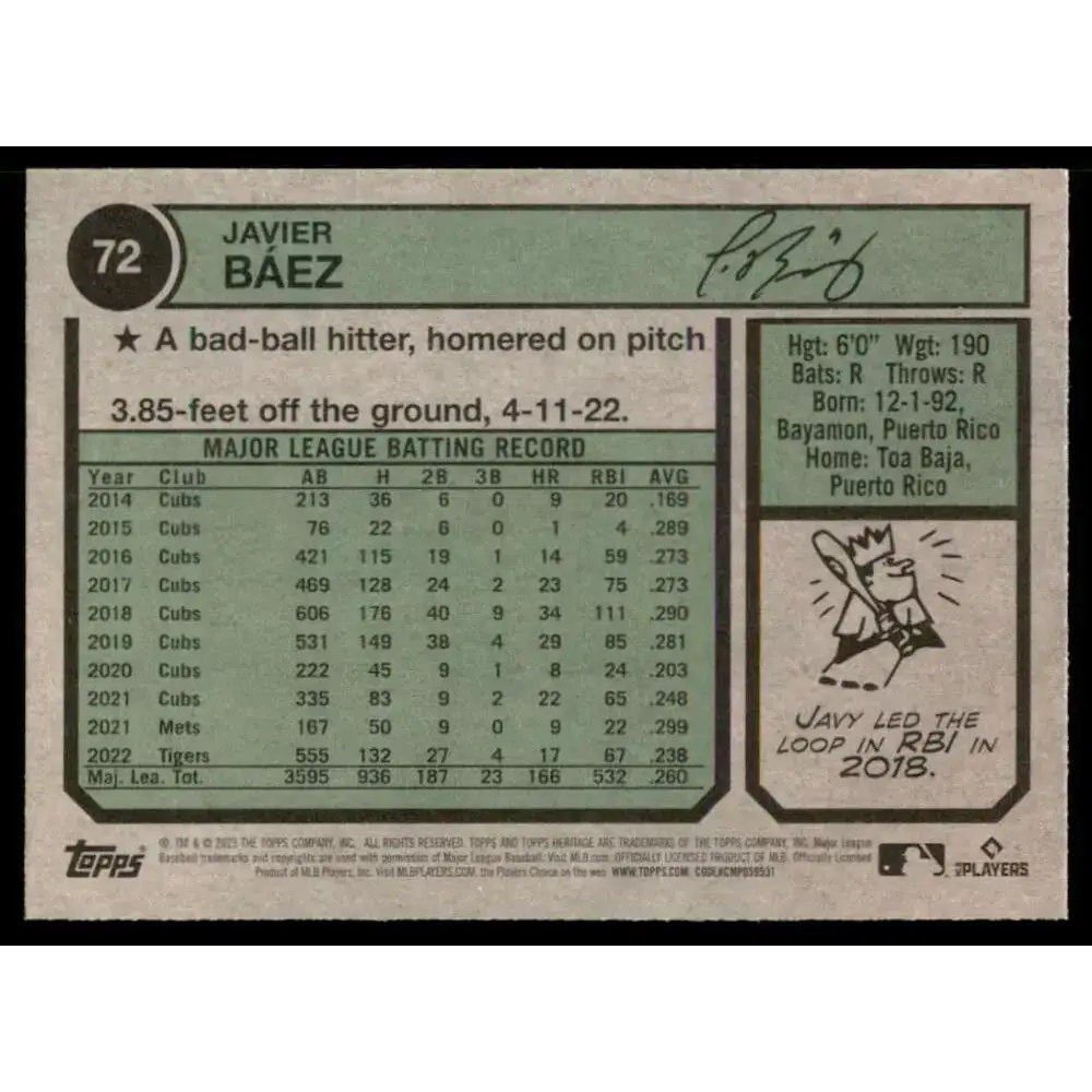 2023 Topps Heritage #72 Javier Baez NM-MT Detroit Tigers Baseball Card - Baseball Card