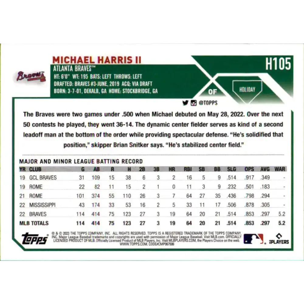 2023 Topps Holiday #H105 Michael Harris II NM-MT RC Rookie Atlanta Braves Baseball Card - Baseball Card Single