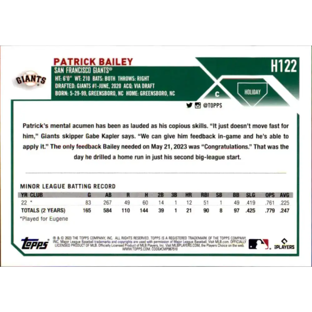 2023 Topps Holiday #H122 Patrick Bailey NM-MT RC Rookie San Francisco Giants Baseball Card - Baseball Card Single