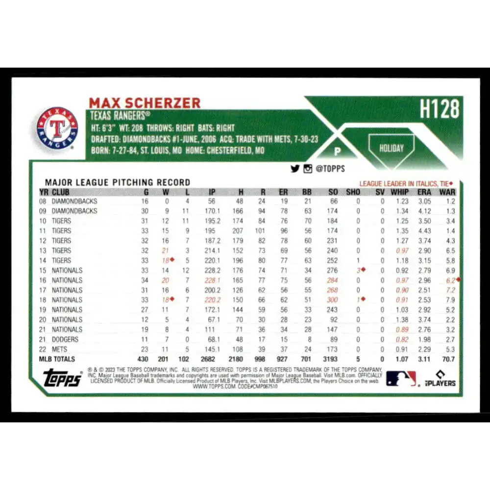 2023 Topps Holiday #H128 Max Scherzer NM-MT Texas Rangers Baseball Card - Baseball Card Single