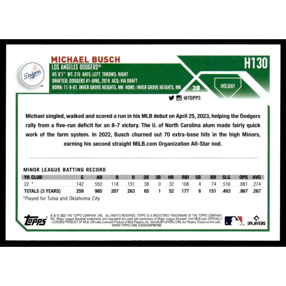2023 Topps Holiday #H130 Michael Busch NM-MT RC Rookie Los Angeles Dodgers Baseball Card - Baseball Card Single