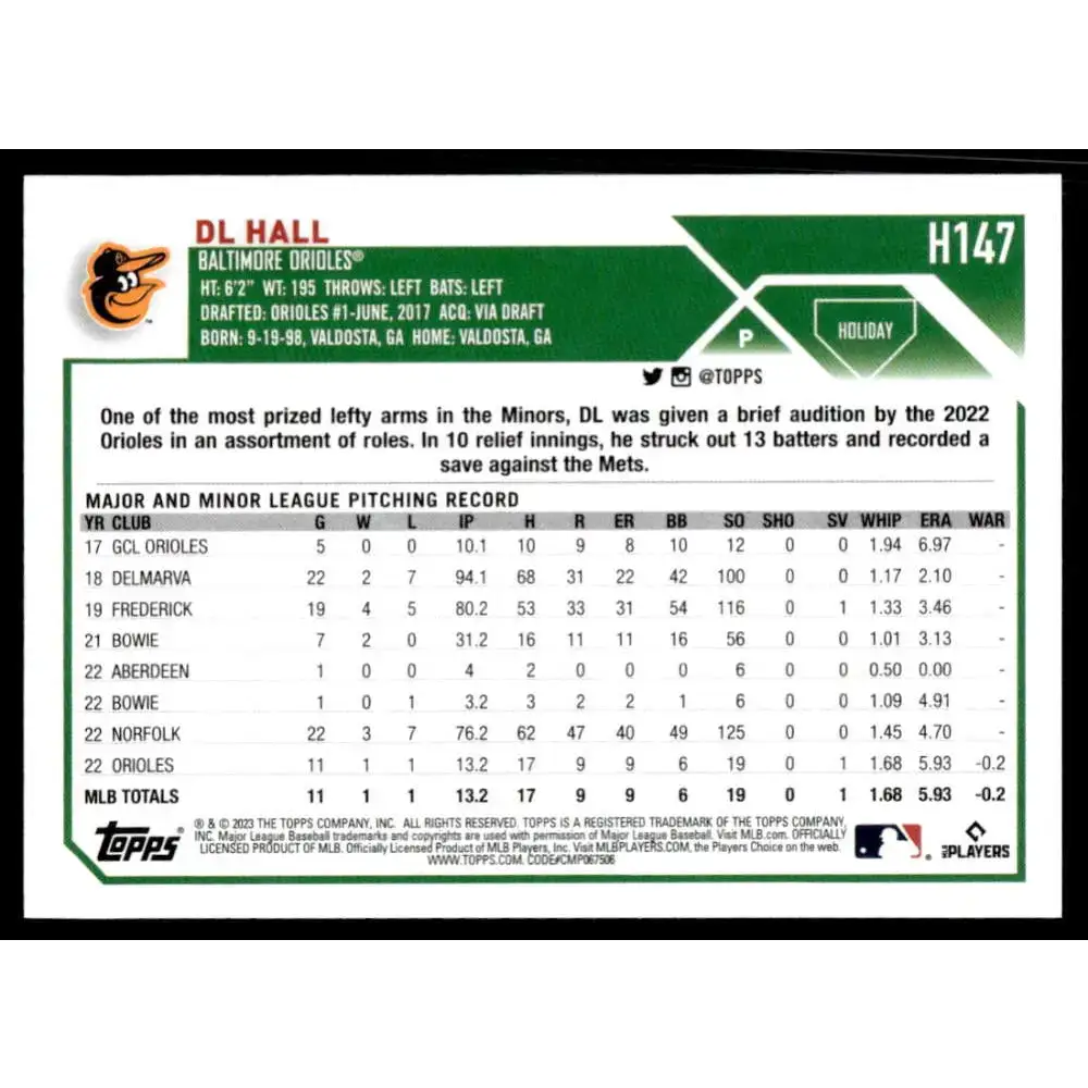 2023 Topps Holiday #H147 DL Hall NM-MT RC Rookie Baltimore Orioles Baseball Card - Baseball Card Single