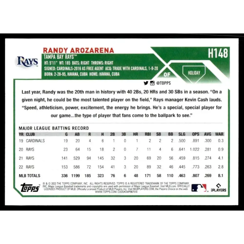 2023 Topps Holiday #H148 Randy Arozarena NM-MT Tampa Bay Rays Baseball Card - Baseball Card Single