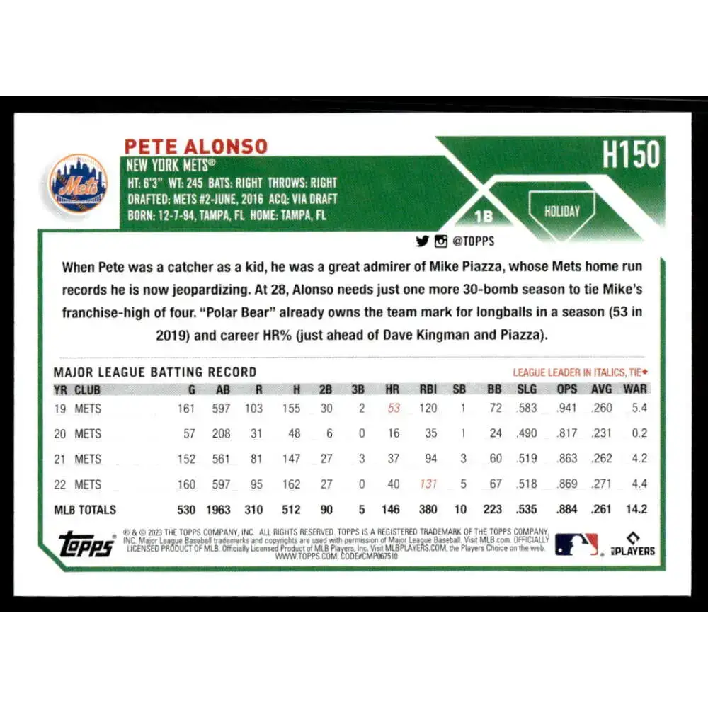 2023 Topps Holiday #H150 Pete Alonso NM-MT New York Mets Baseball Card - Baseball Card Single