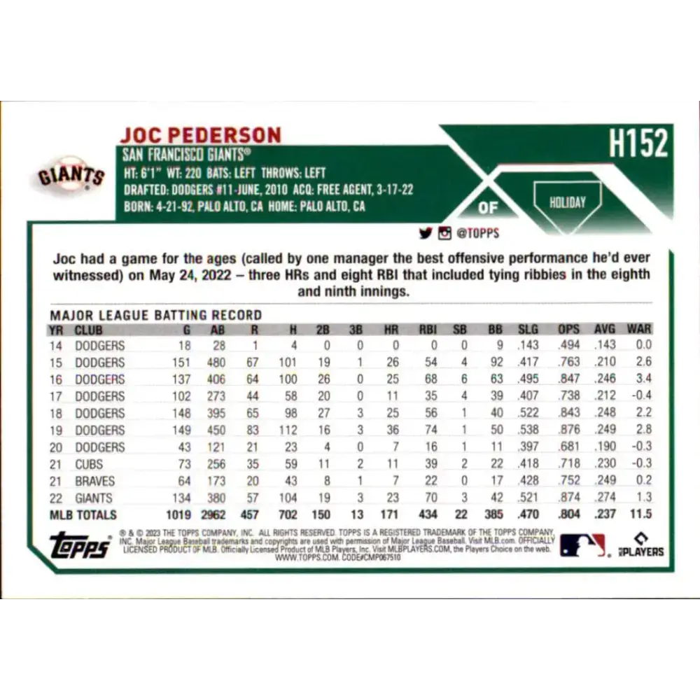 2023 Topps Holiday #H152 Joc Pederson NM-MT San Francisco Giants Baseball Card - Baseball Card Single