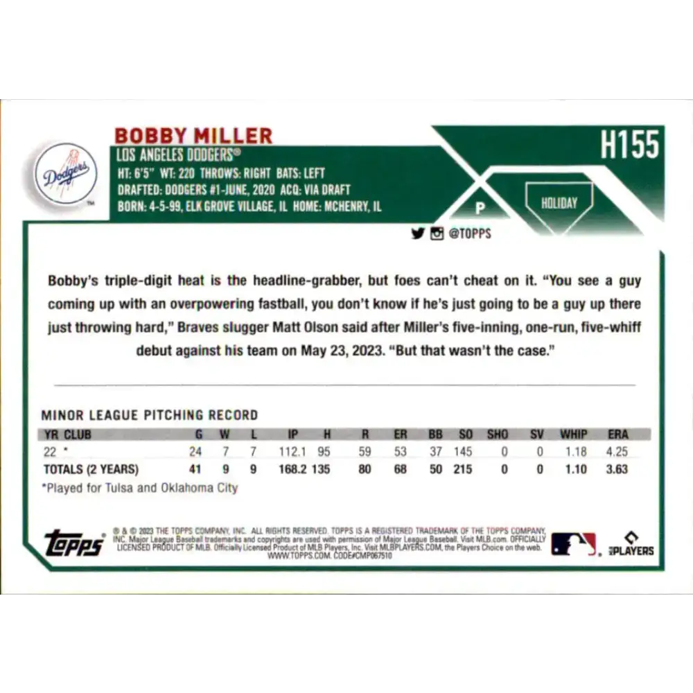 2023 Topps Holiday #H155 Bobby Miller NM-MT RC Rookie Los Angeles Dodgers Baseball Card - Baseball Card Single