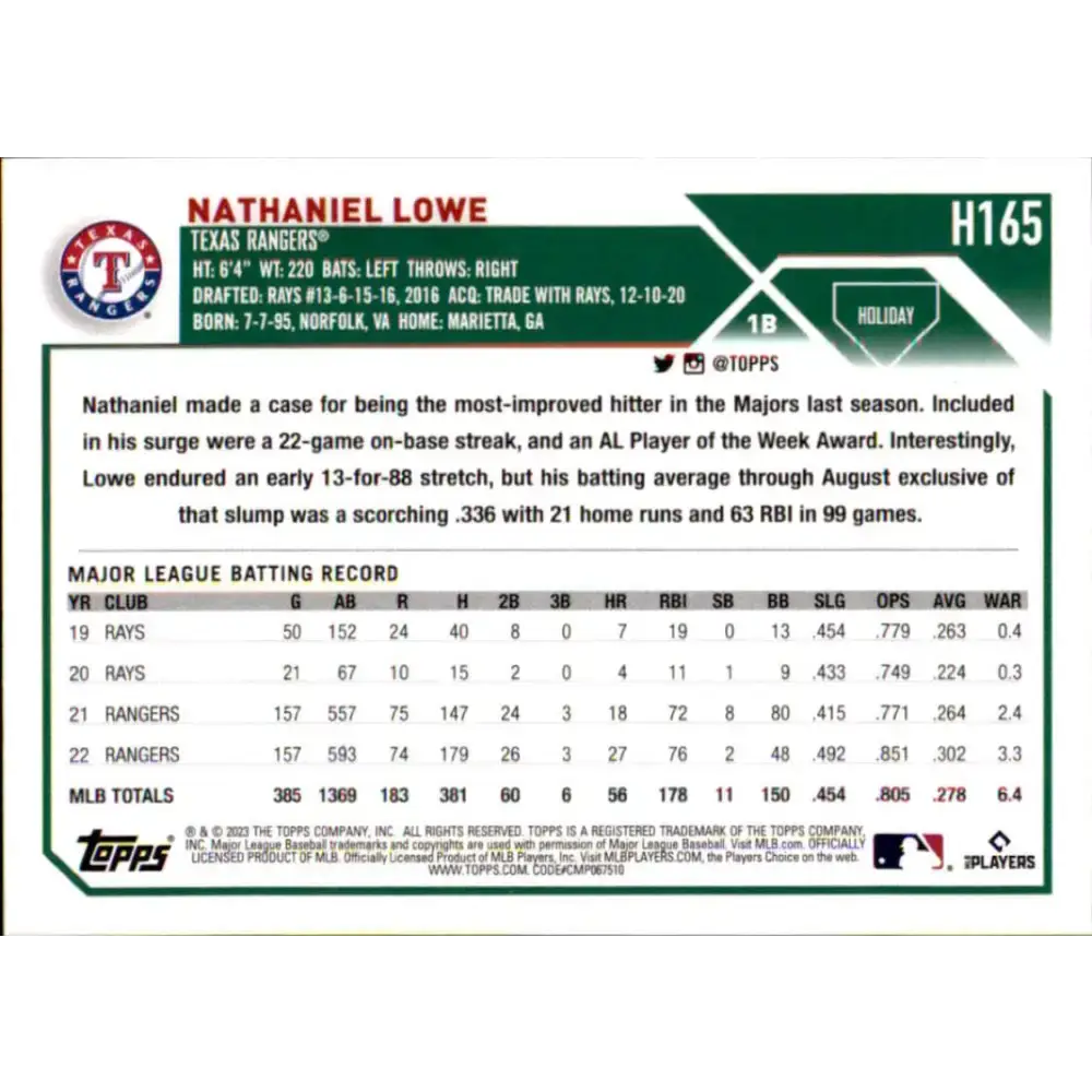 2023 Topps Holiday #H165 Nathaniel Lowe NM-MT Texas Rangers Baseball Card - Baseball Card Single