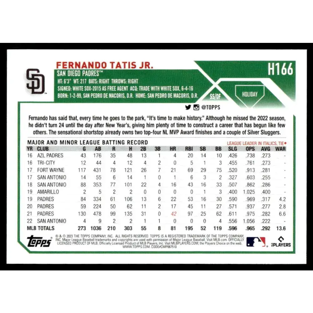 2023 Topps Holiday #H166 Fernando Tatis Jr. NM-MT San Diego Padres Baseball Card - Baseball Card Single