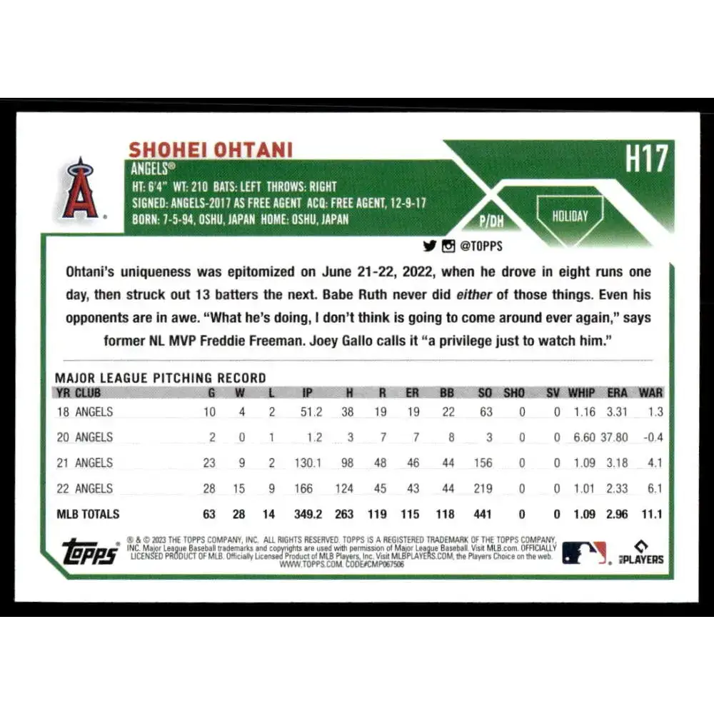 2023 Topps Holiday #H17 Shohei Ohtani NM-MT Los Angeles Angels Baseball Card