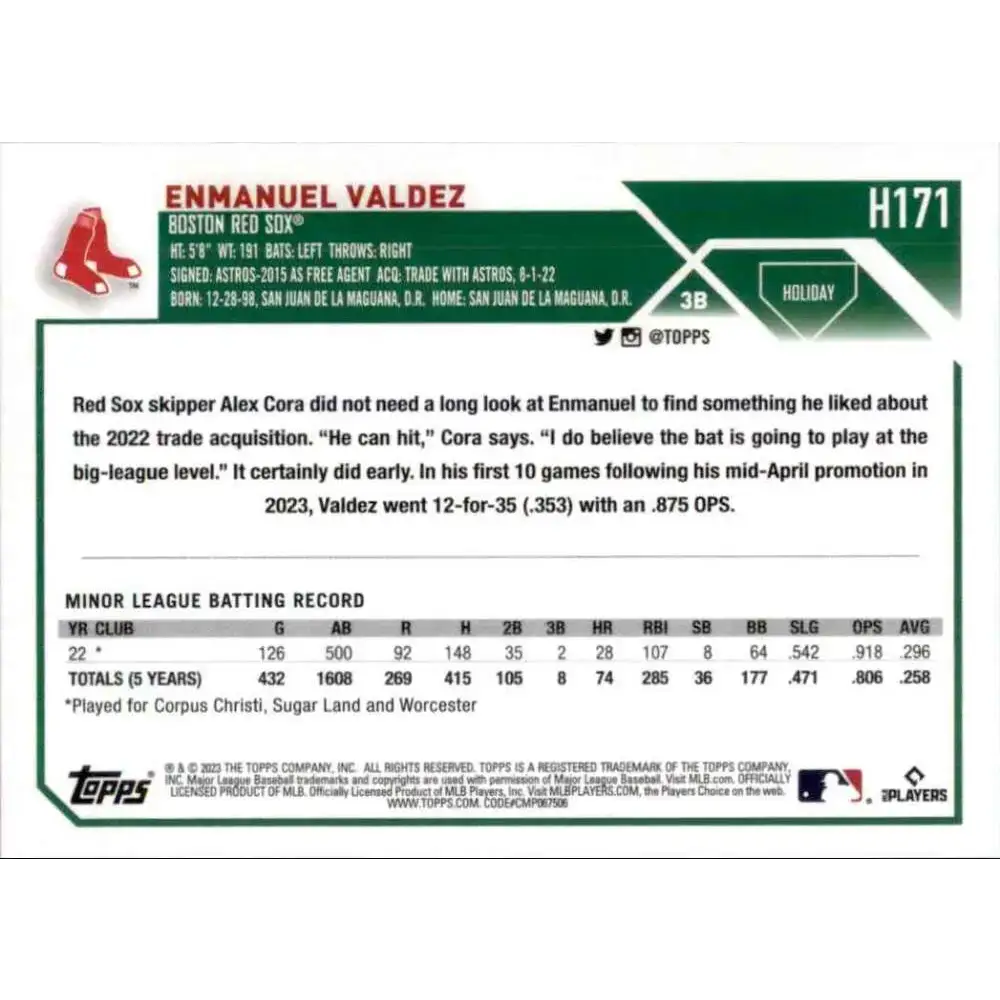 2023 Topps Holiday #H171 Enmanuel Valdez NM-MT RC Rookie Boston Red Sox Baseball Card - Baseball Card Single