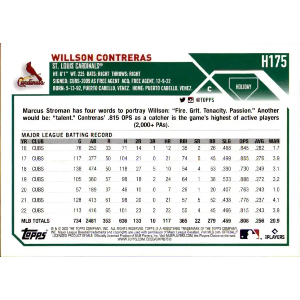 2023 Topps Holiday #H175 Willson Contreras NM-MT St. Louis Cardinals Baseball Card - Baseball Card Single