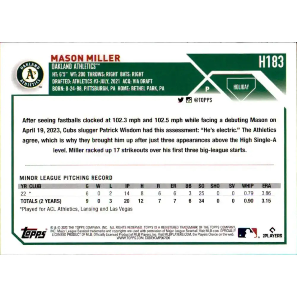 2023 Topps Holiday #H183 Mason Miller NM-MT RC Rookie Oakland Athletics Baseball Card - Baseball Card Single