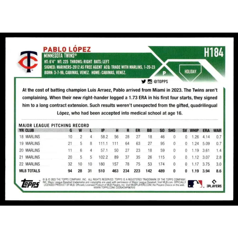 2023 Topps Holiday #H184 Pablo Lopez NM-MT Minnesota Twins Baseball Card - Baseball Card Single