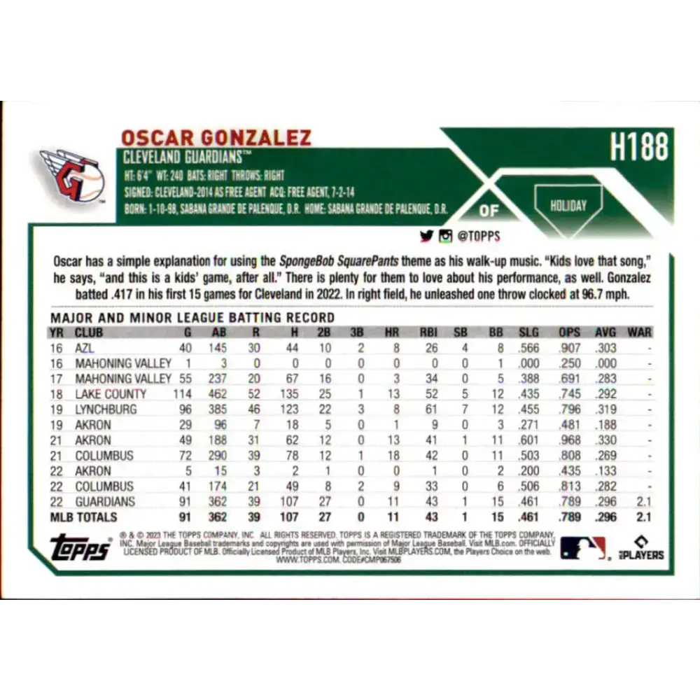 2023 Topps Holiday #H188 Oscar Gonzalez NM-MT RC Rookie Cleveland Guardians Baseball Card - Baseball Card Single