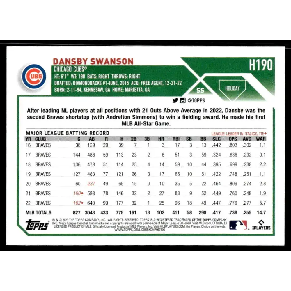 2023 Topps Holiday #H190 Dansby Swanson NM-MT Chicago Cubs Baseball Card - Baseball Card Single