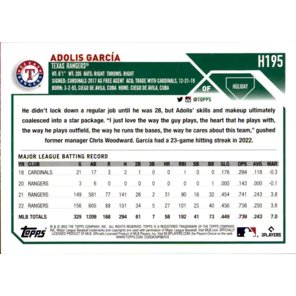 2023 Topps Holiday #H195 Adolis Garcia NM-MT Texas Rangers Baseball Card - Baseball Card Single