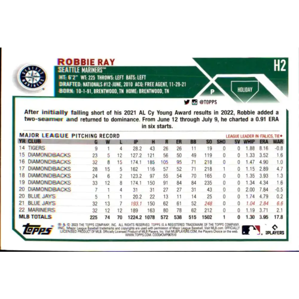 2023 Topps Holiday #H2 Robbie Ray NM-MT Seattle Mariners Baseball Card - Baseball Card Single