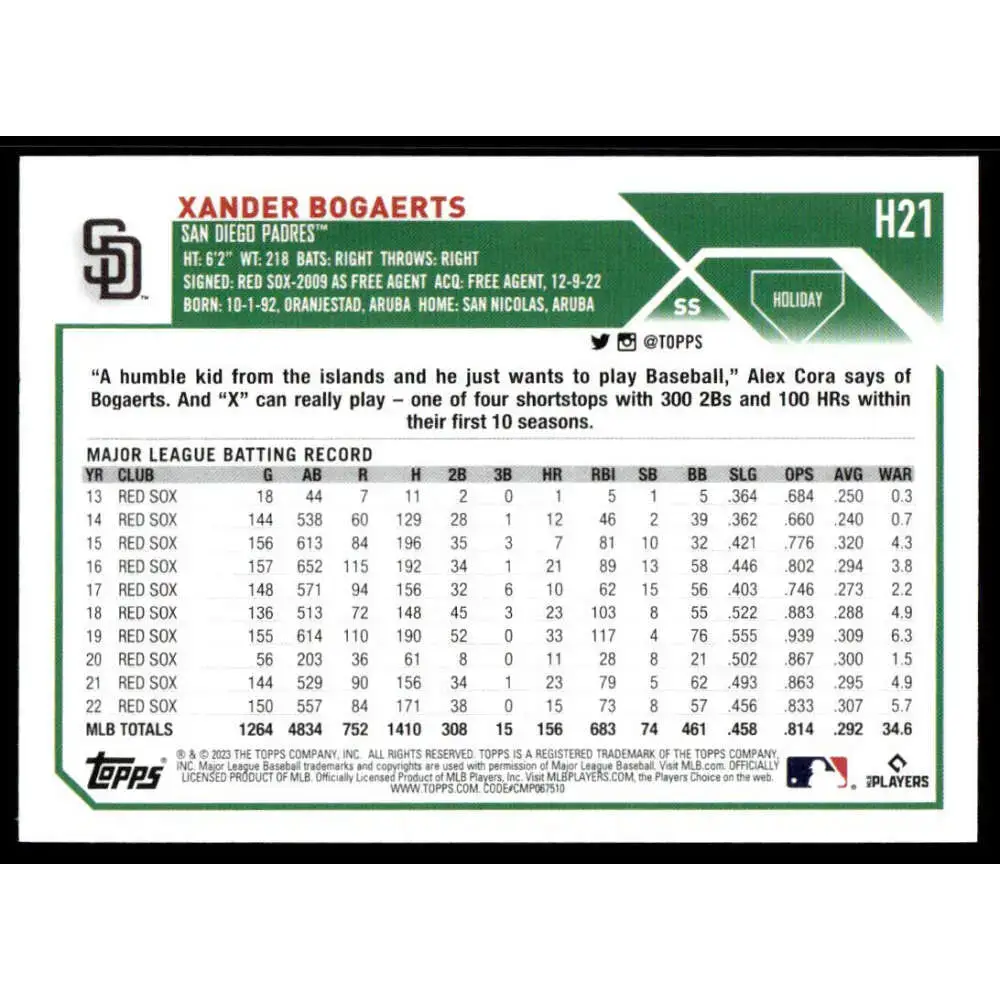 2023 Topps Holiday #H21 Xander Bogaerts NM-MT San Diego Padres Baseball Card - Baseball Card Single