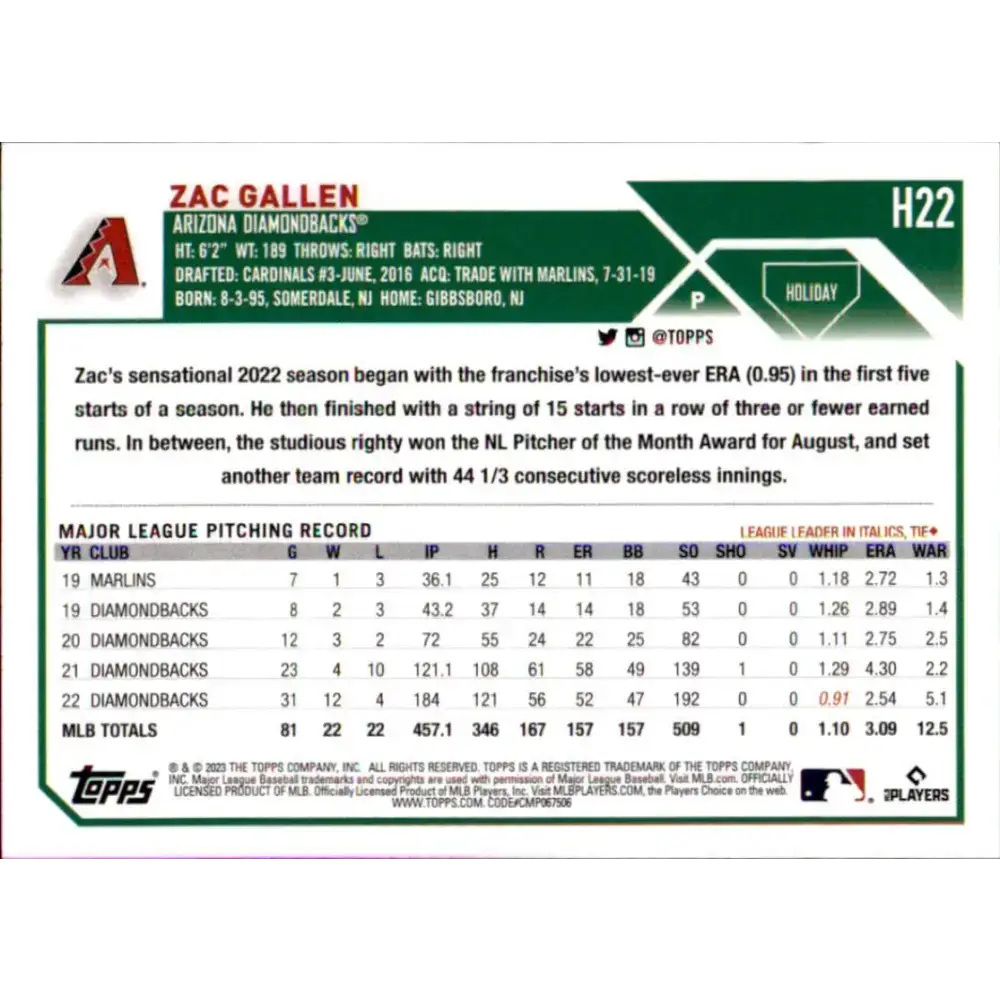 2023 Topps Holiday #H22 Zac Gallen NM-MT Arizona Diamondbacks Baseball Card - Baseball Card Single