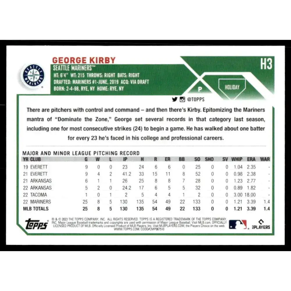 2023 Topps Holiday #H3 George Kirby NM-MT Seattle Mariners Baseball Card - Baseball Card Single