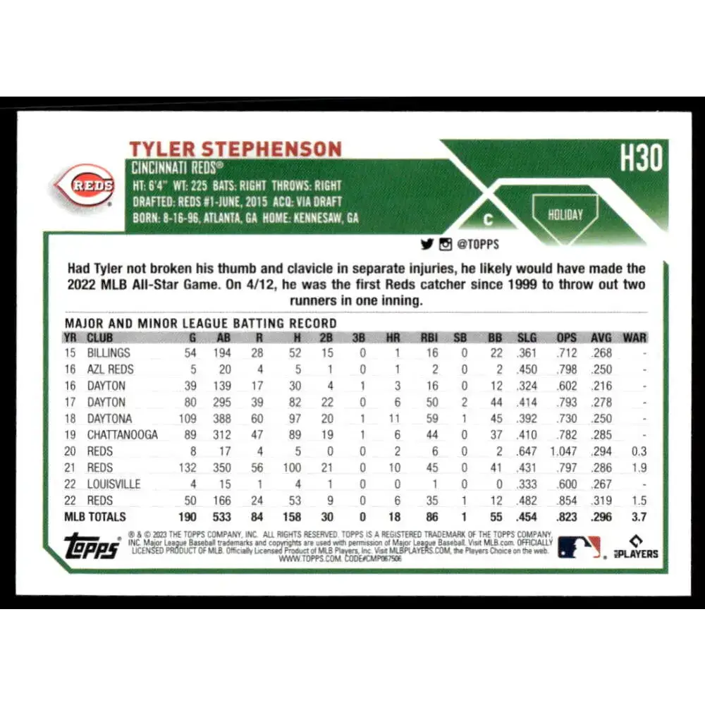 2023 Topps Holiday #H30 Tyler Stephenson NM-MT Cincinnati Reds Baseball Card - Baseball Card Single