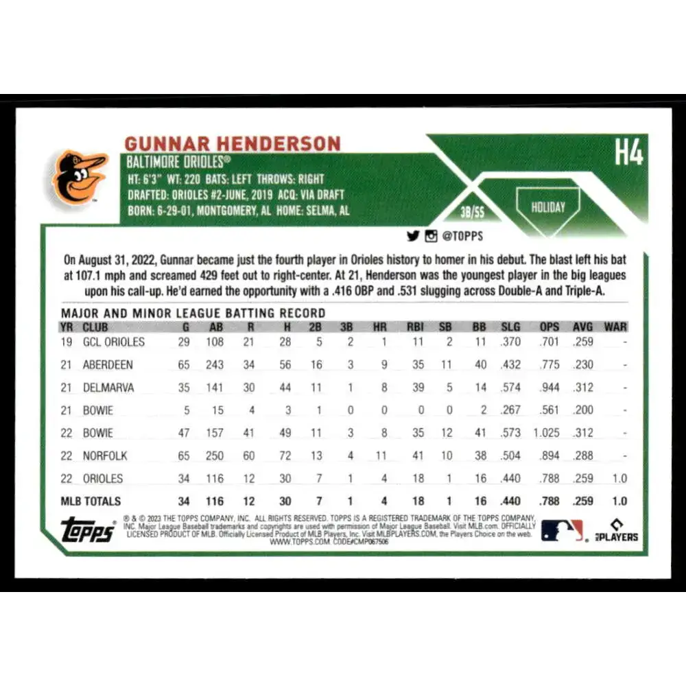 2023 Topps Holiday #H4 Gunnar Henderson NM-MT RC Rookie Baltimore Orioles Baseball Card - Baseball Card Single