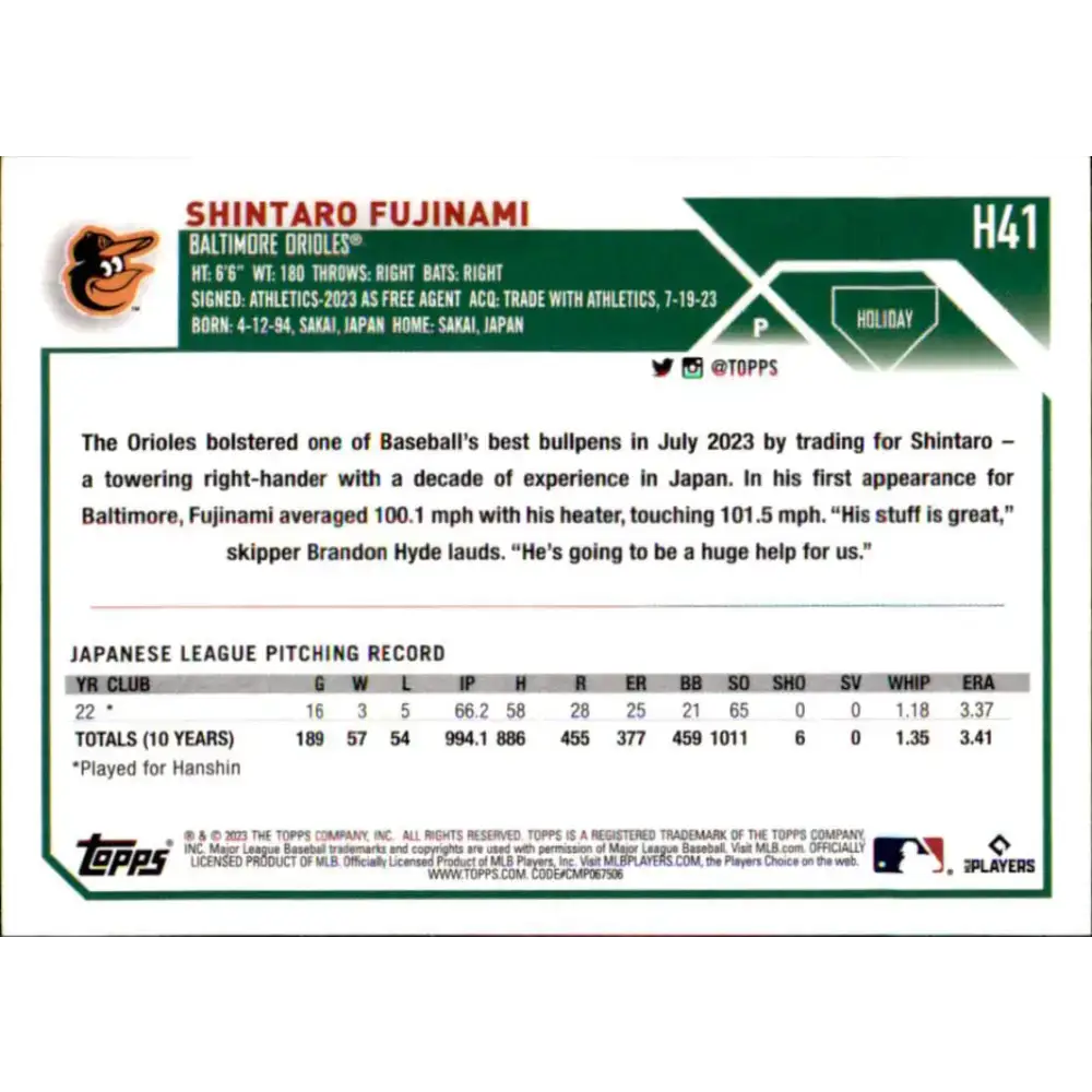 2023 Topps Holiday #H41 Shintaro Fujinami NM-MT RC Rookie Baltimore Orioles Baseball Card - Baseball Card Single