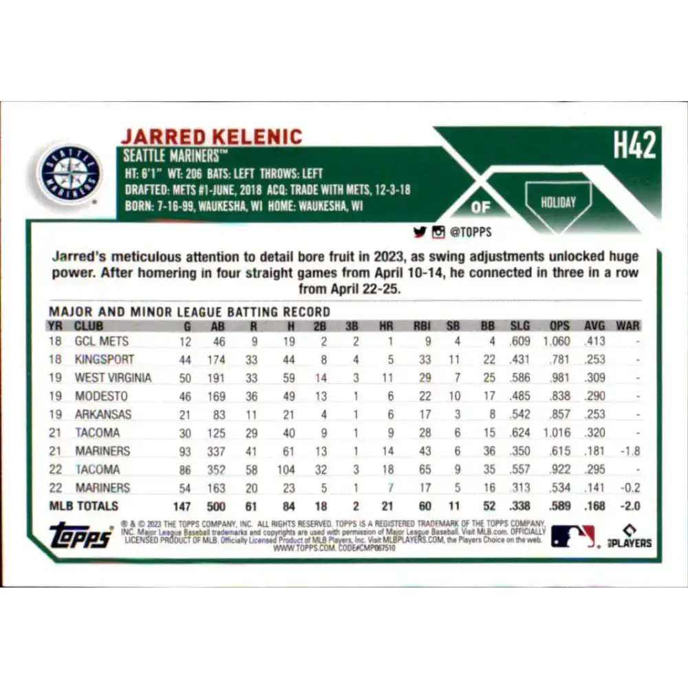 2023 Topps Holiday #H42 Jarred Kelenic NM-MT Seattle Mariners Baseball Card - Baseball Card Single