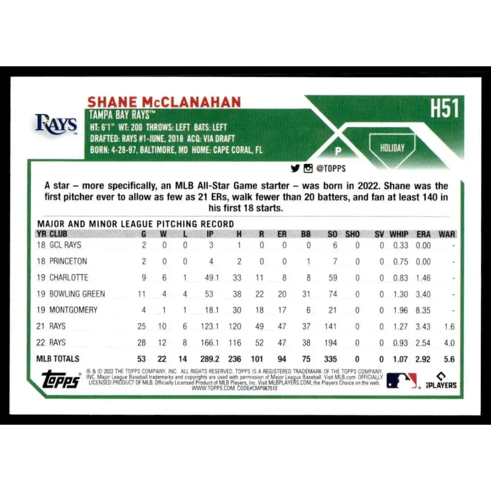 2023 Topps Holiday #H51 Shane McClanahan NM-MT Tampa Bay Rays Baseball Card - Baseball Card Single