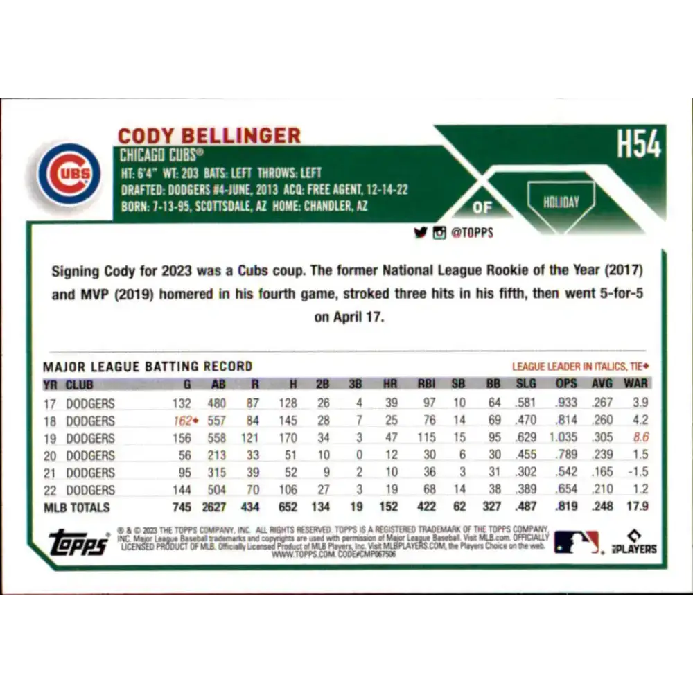 2023 Topps Holiday #H54 Cody Bellinger NM-MT Chicago Cubs Baseball Card - Baseball Card Single