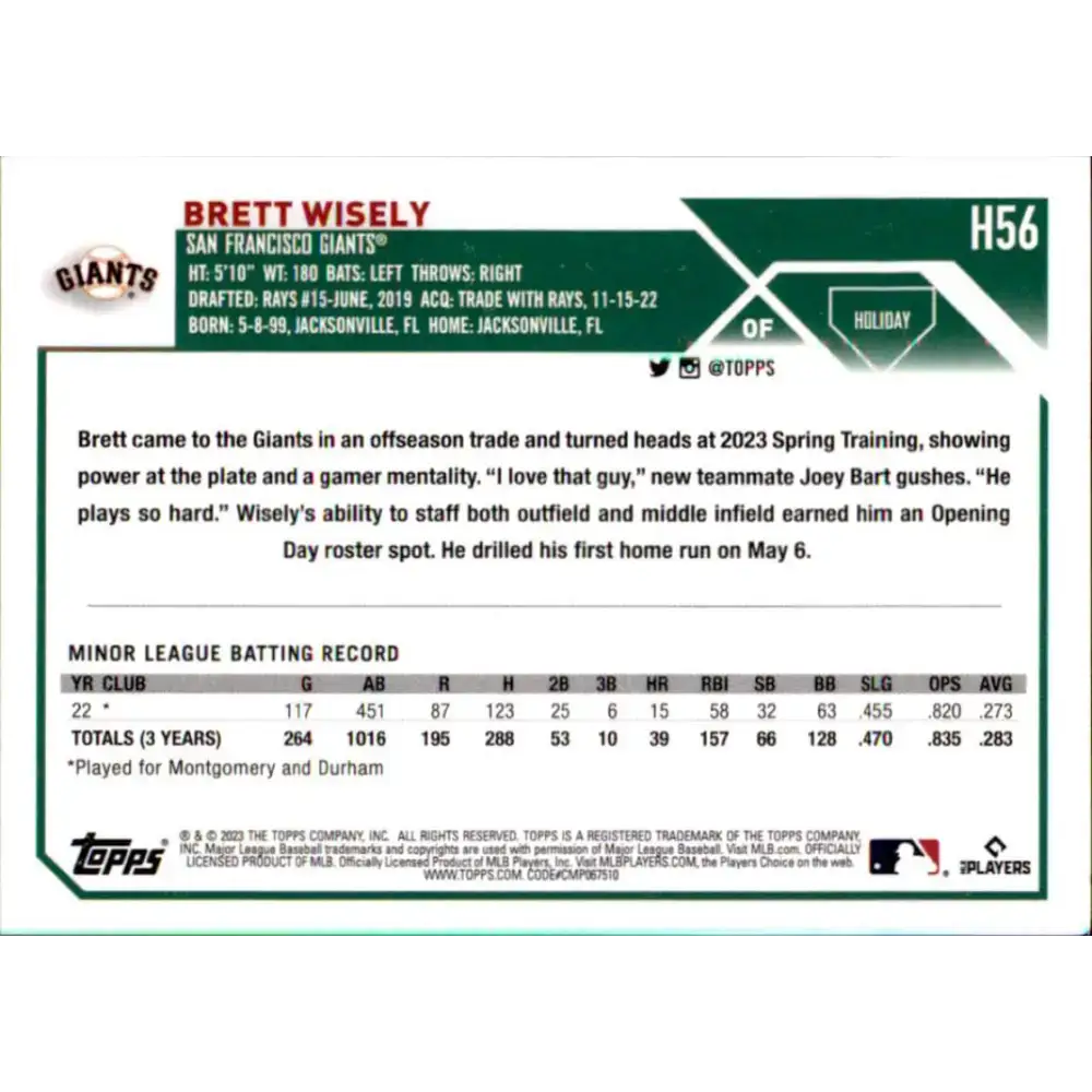 2023 Topps Holiday #H56 Brett Wisely NM-MT RC Rookie San Francisco Giants Baseball Card - Baseball Card Single