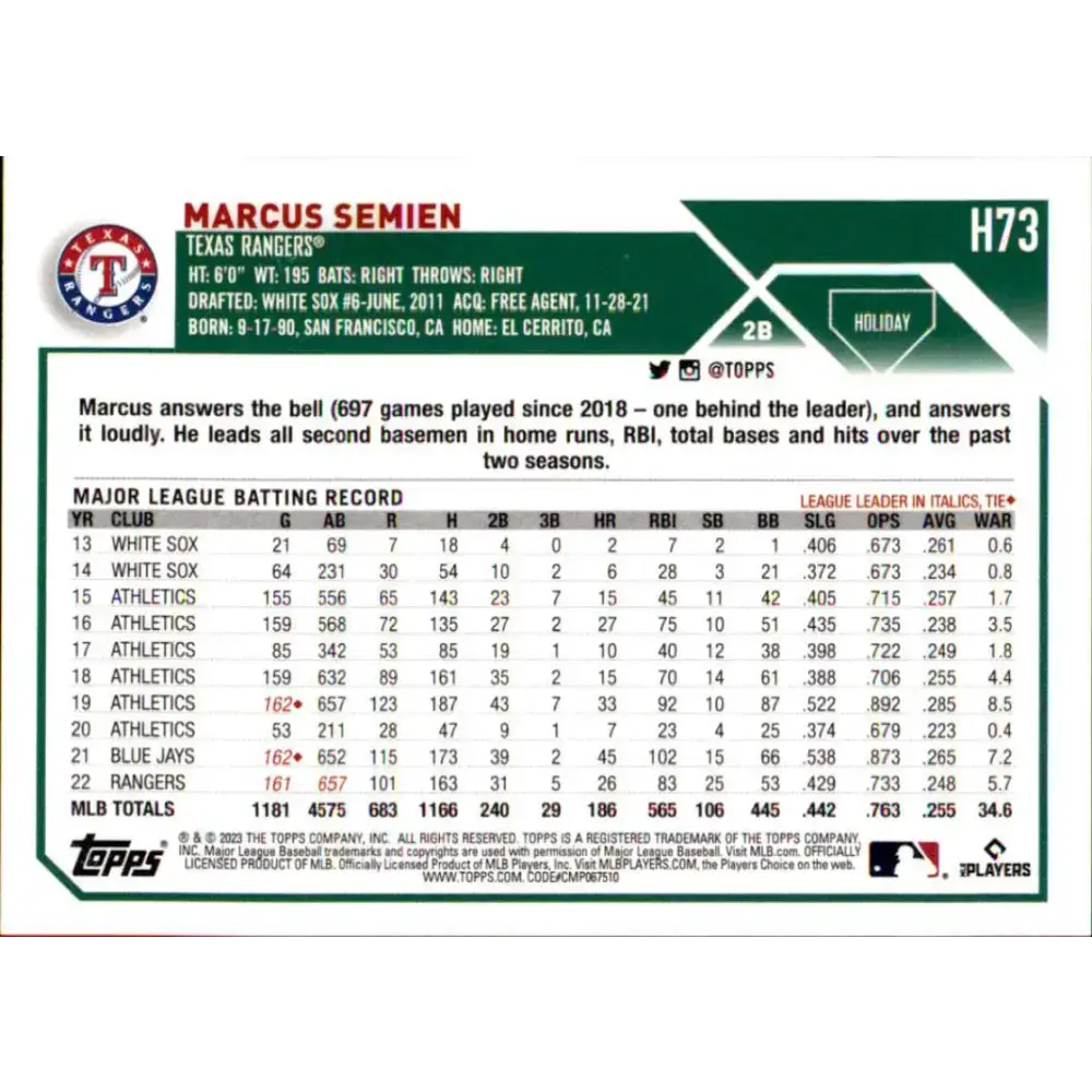 2023 Topps Holiday #H73 Marcus Semien NM-MT Texas Rangers Baseball Card - Baseball Card Single