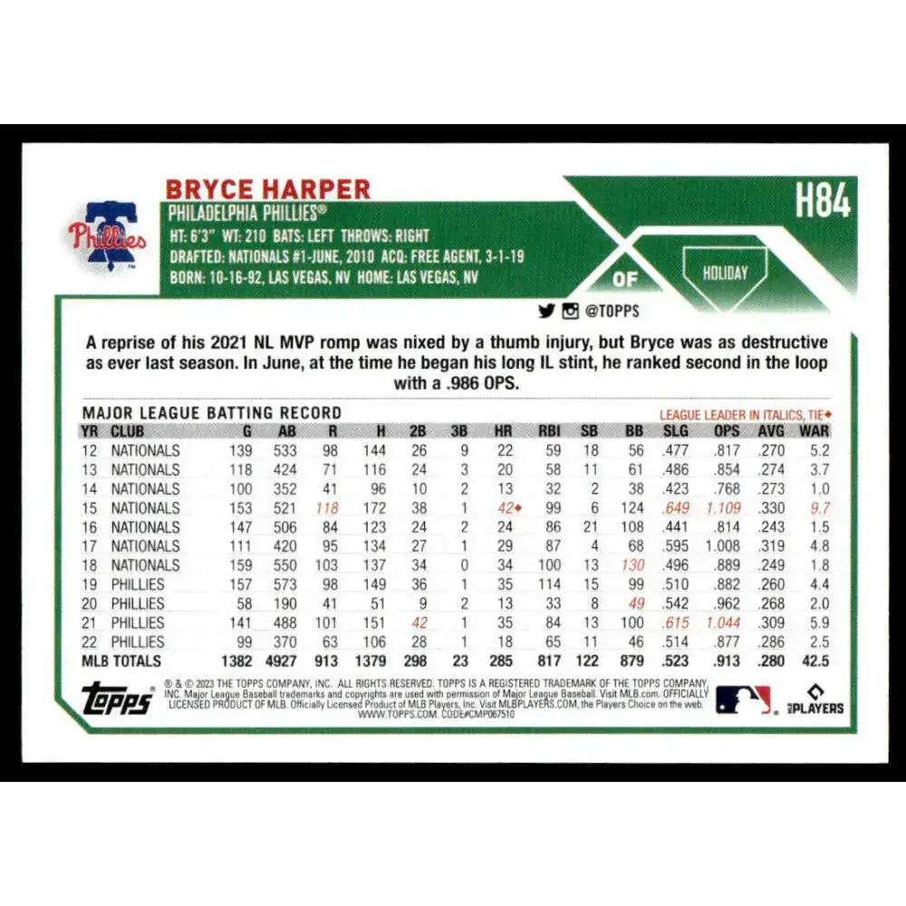 2023 Topps Holiday #H84 Bryce Harper NM-MT Philadelphia Phillies Baseball Card - Baseball Card Single