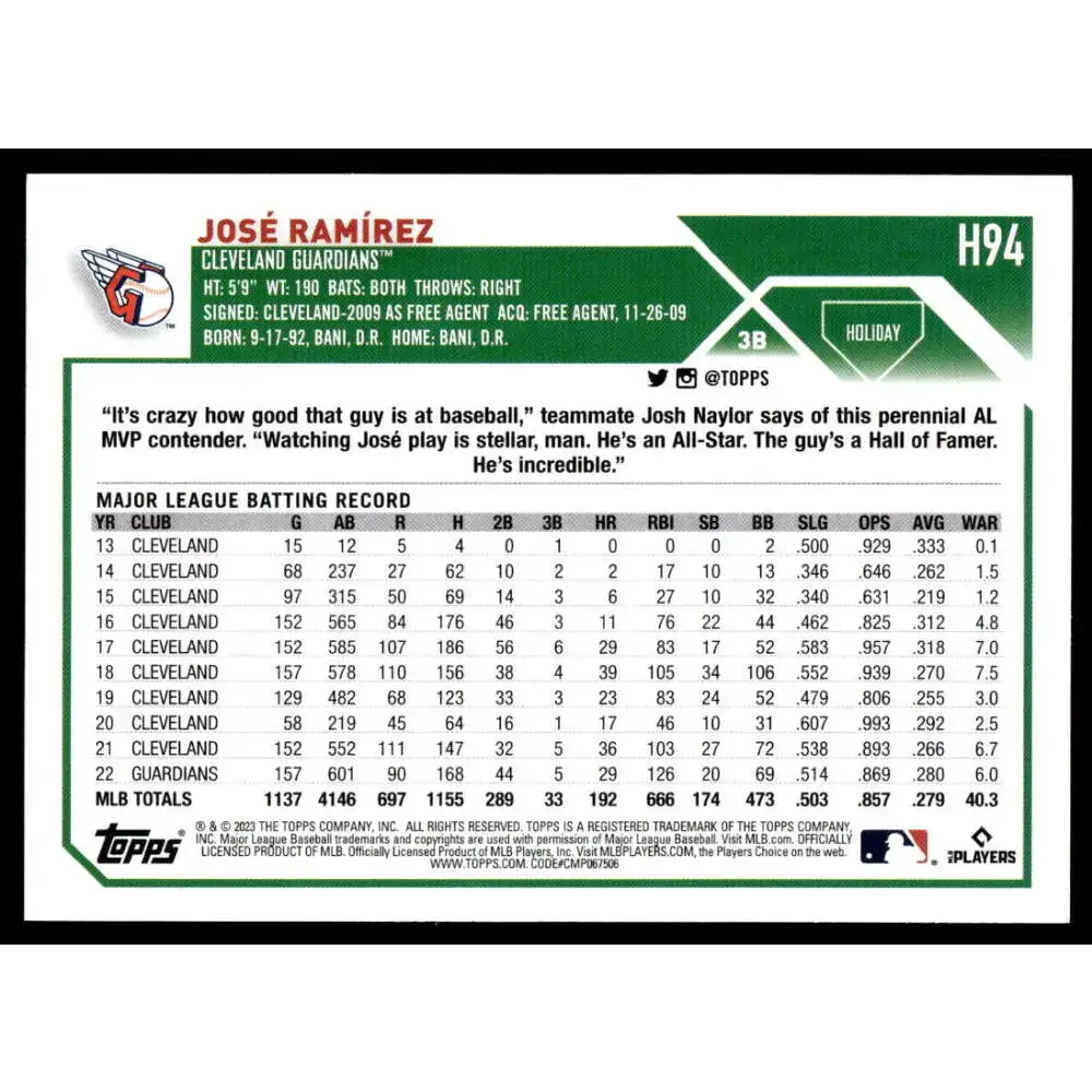 2023 Topps Holiday #H94 Jose Ramirez NM-MT Cleveland Guardians Baseball Card - Baseball Card Single