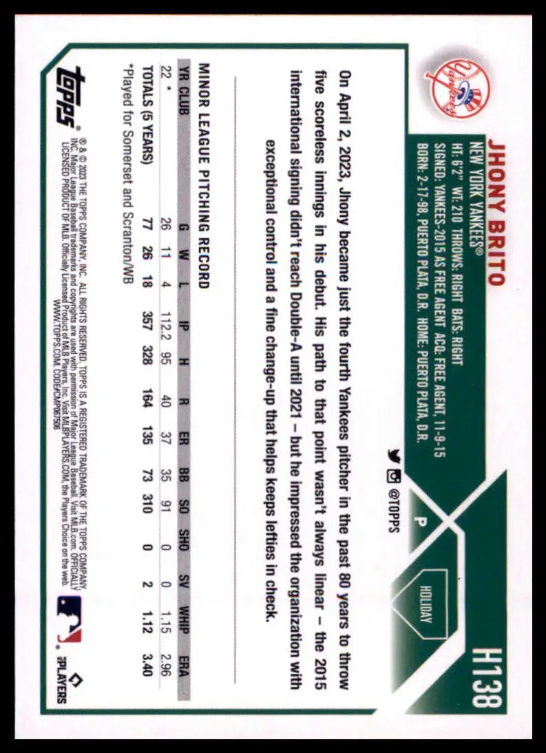 2023 Topps Holiday Jhony Brito RC H138 New York Yankees NM - Baseball Card Single