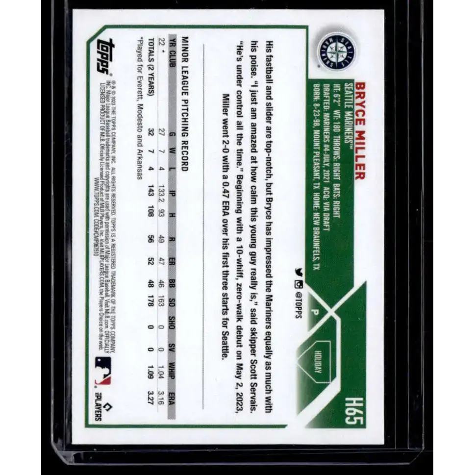 2023 Topps Holiday Metallic #H65 Bryce Miller NM-MT RC Rookie Seattle Mariners Baseball Card - Baseball Card Single