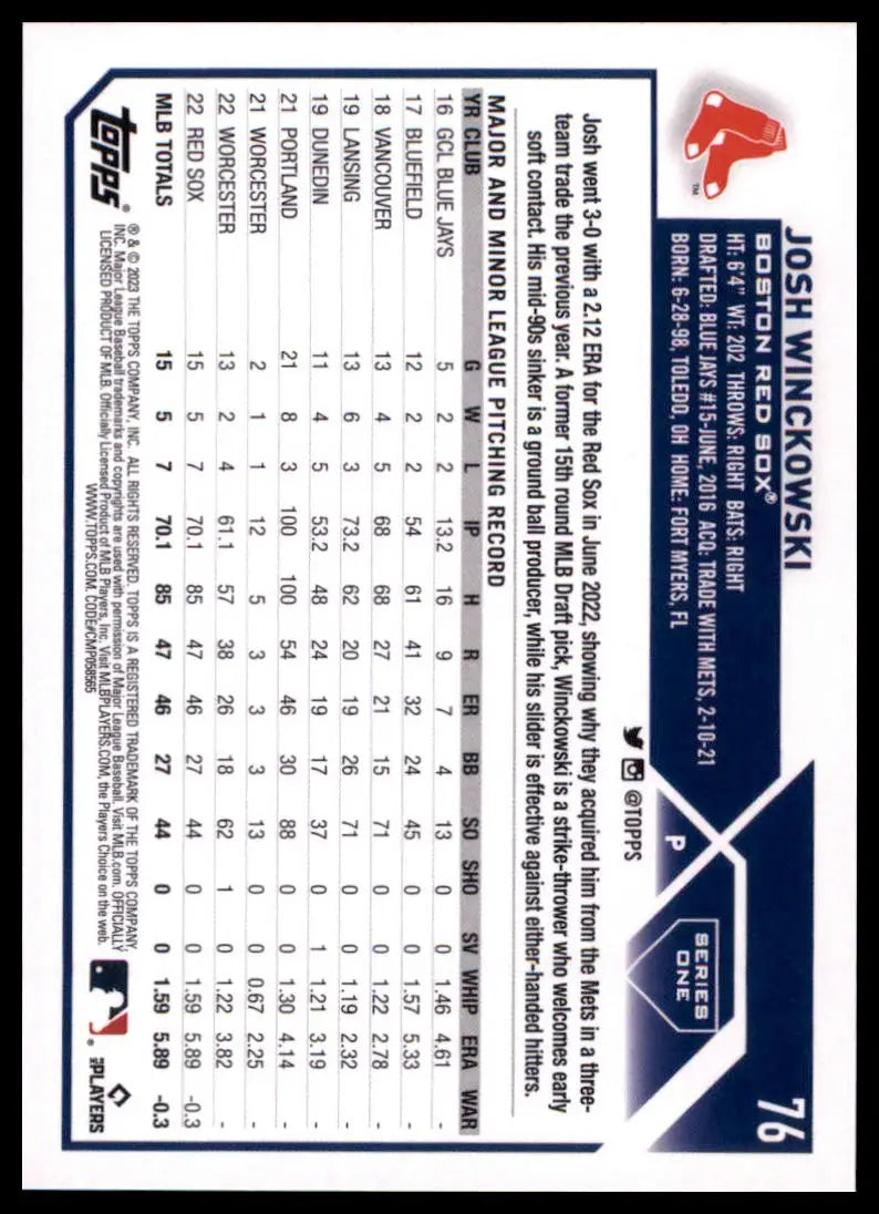 2023 Topps Josh Winckowski RC 76 Boston Red Sox Baseball NM - Baseball Card Single