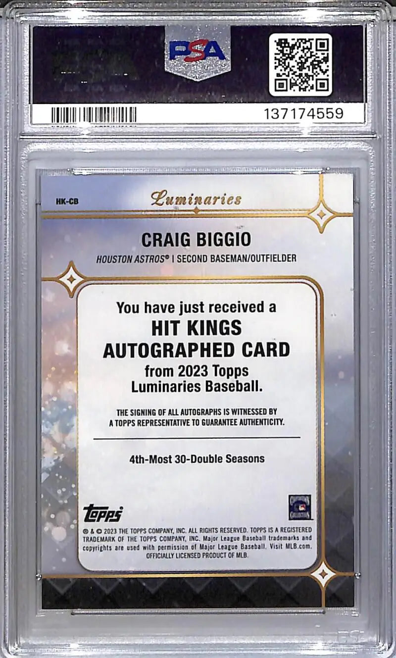 2023 Topps Luminaries Hit Kings #HK-CB Craig Biggio PSA 10 GEM MINT Auto 8/15 Houston Astros - Baseball Card Single