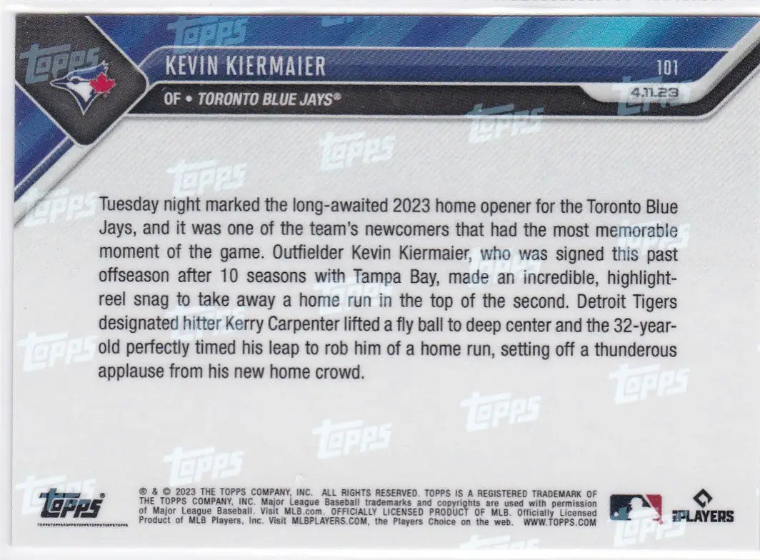 2023 TOPPS NOW #101 KEVIN KIERMAIER- TORONTO BLUE JAYS - Baseball Card Single