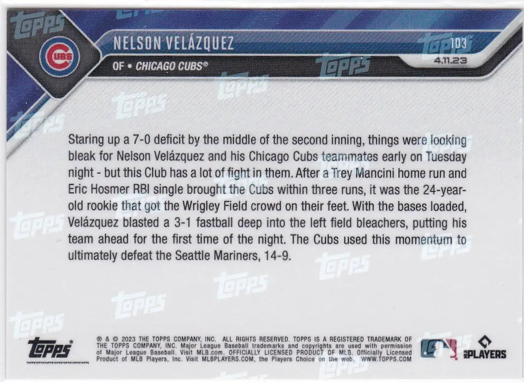 2023 TOPPS NOW #103 NELSON VELAZQUEZ- CHICAGO CUBS - Baseball Card Single